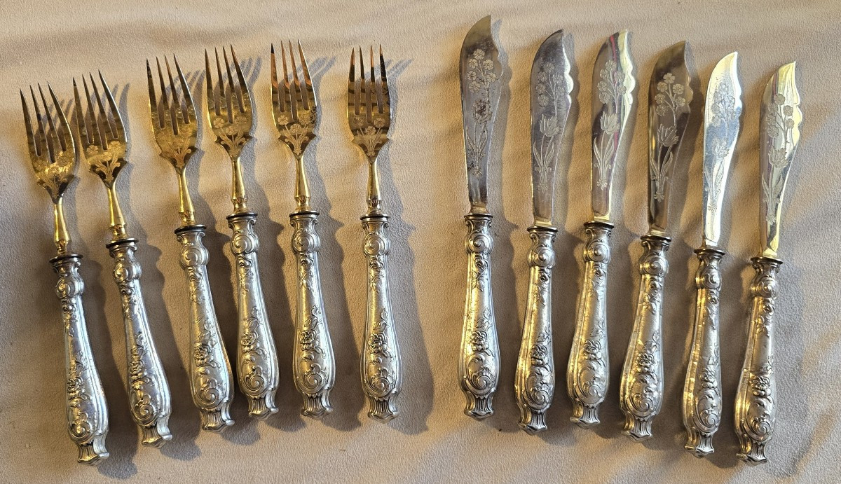 ensemble d'anciens couverts à poisson en argent fourré et acier-photo-2
