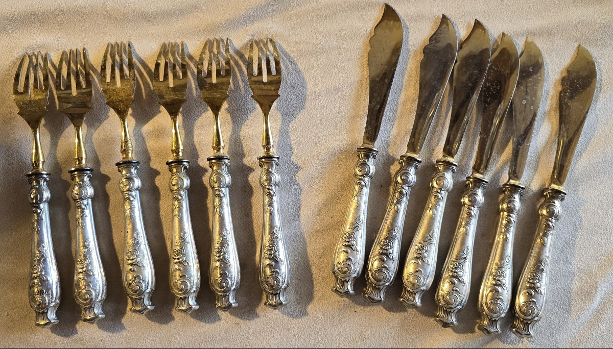 ensemble d'anciens couverts à poisson en argent fourré et acier-photo-3