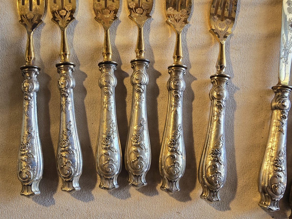 ensemble d'anciens couverts à poisson en argent fourré et acier-photo-2