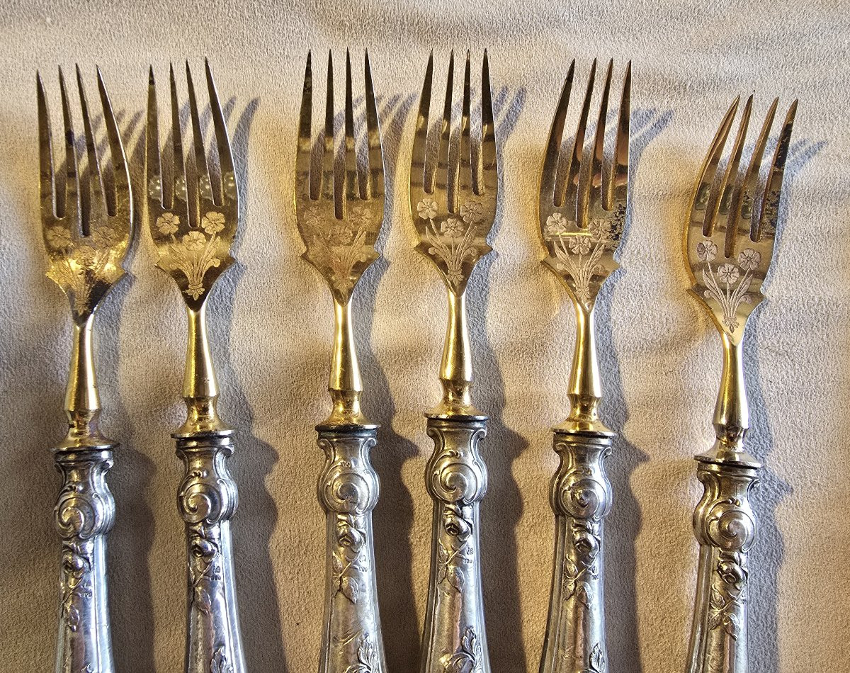 ensemble d'anciens couverts à poisson en argent fourré et acier-photo-3