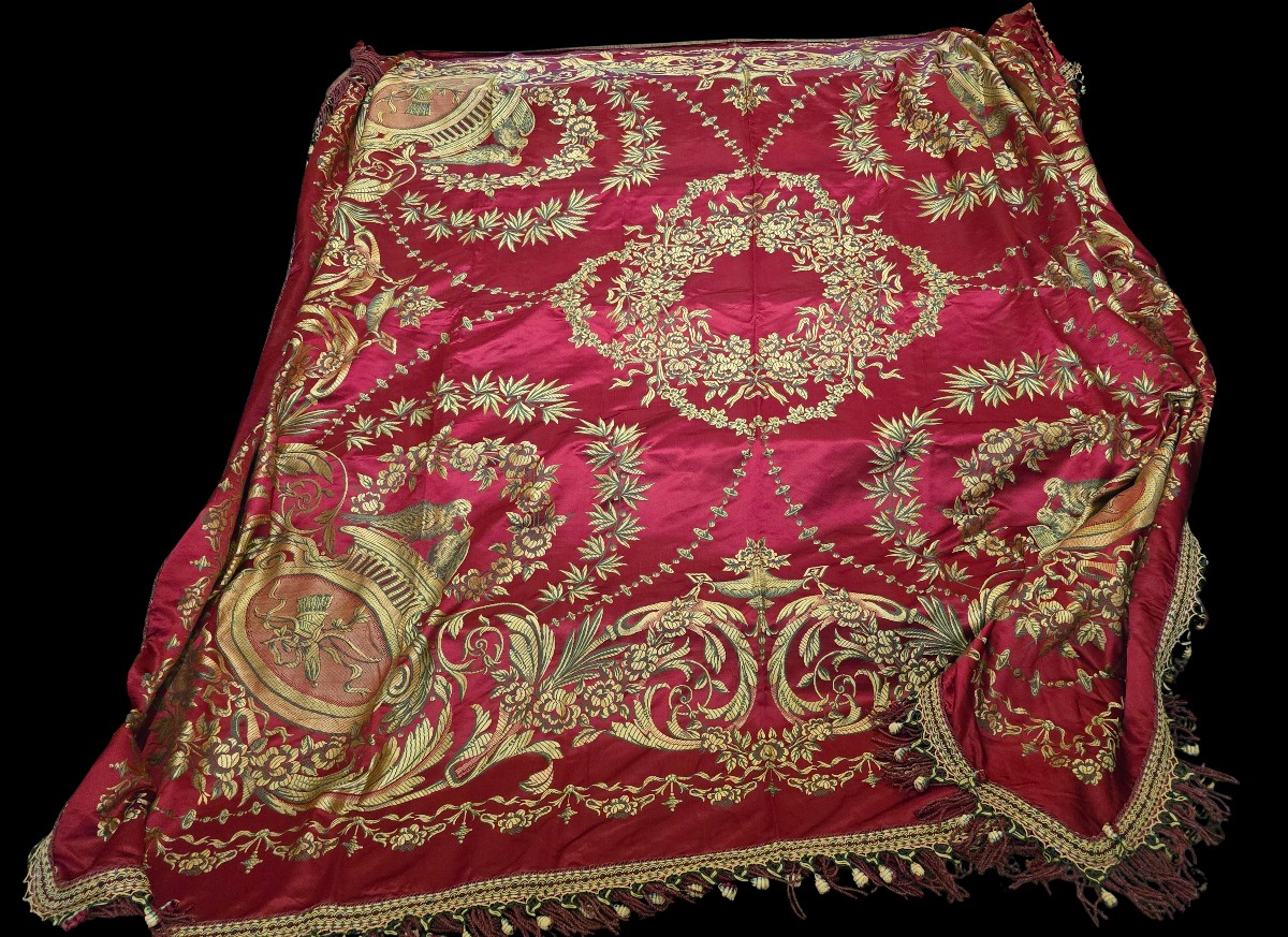 Antique Double Bedspread Made Of San Leucio Silk Damask