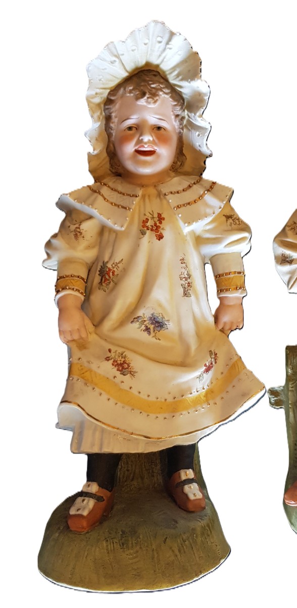 A Pair Of Antique Bisque Figurines, Children Dressed As Little Farmers-photo-2