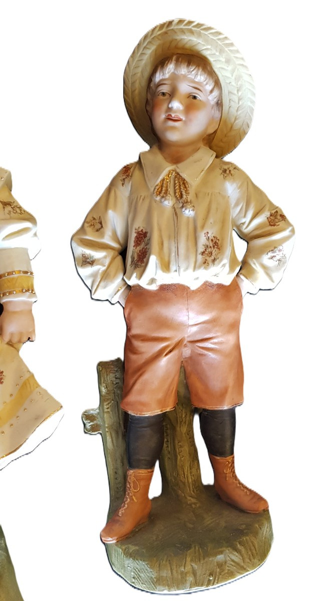 A Pair Of Antique Bisque Figurines, Children Dressed As Little Farmers-photo-1