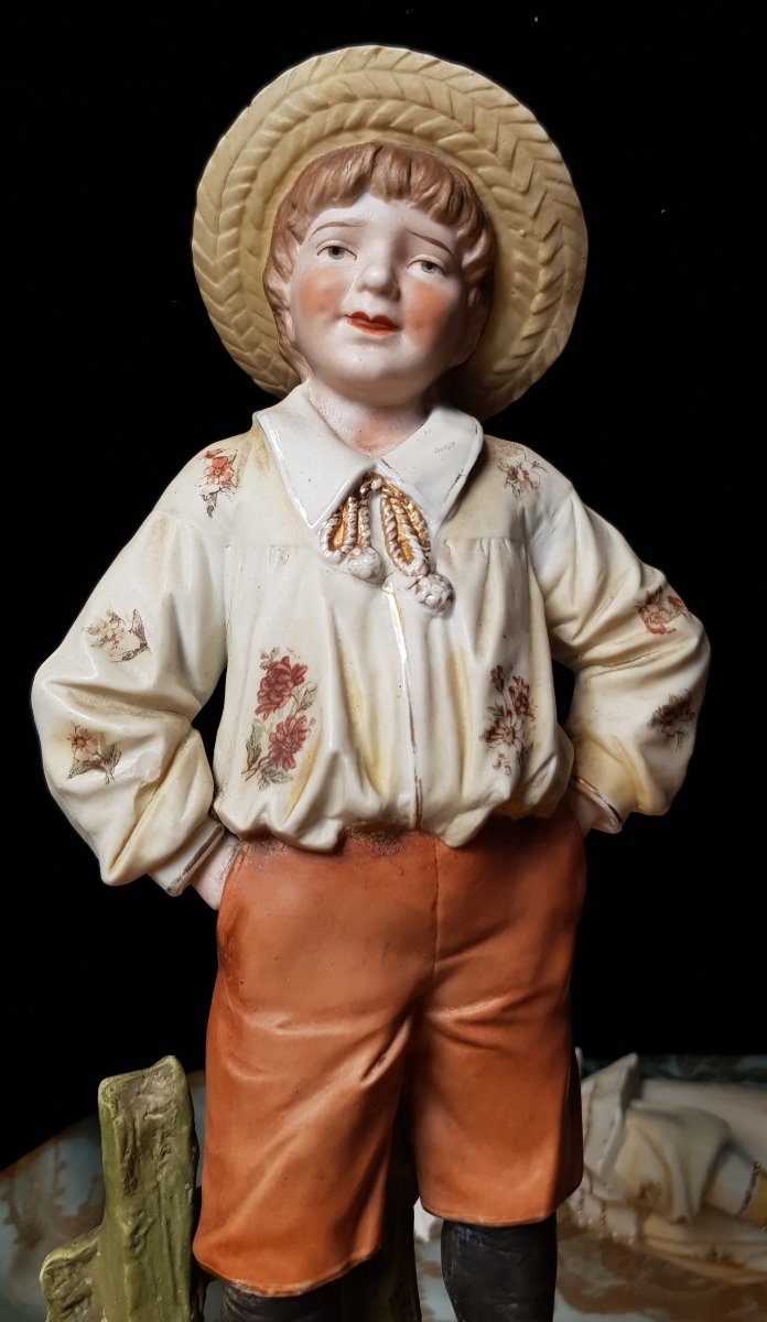 A Pair Of Antique Bisque Figurines, Children Dressed As Little Farmers-photo-2