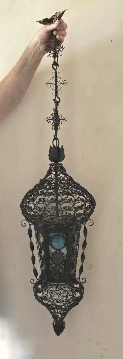 Antique Venetian Lantern In Moorish Style, Made Of Iron And Stained Glass-photo-2