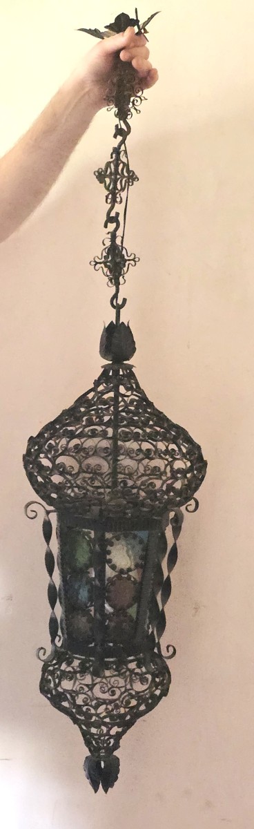 Antique Venetian Lantern In Moorish Style, Made Of Iron And Stained Glass-photo-3