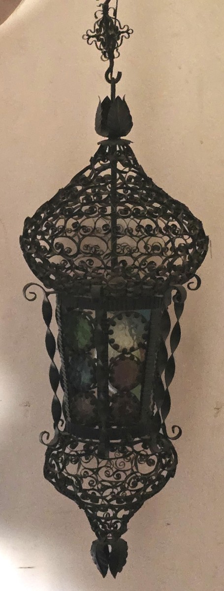 Antique Venetian Lantern In Moorish Style, Made Of Iron And Stained Glass-photo-4