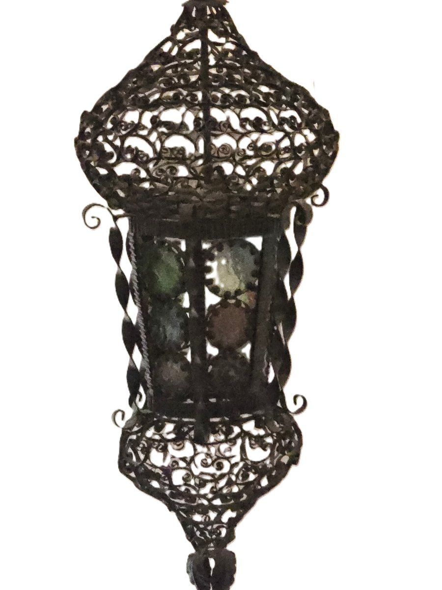 Antique Venetian Lantern In Moorish Style, Made Of Iron And Stained Glass-photo-1