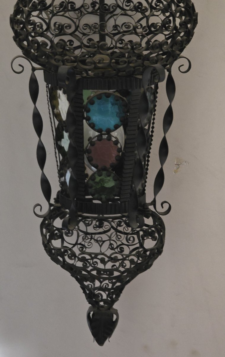 Antique Venetian Lantern In Moorish Style, Made Of Iron And Stained Glass-photo-2