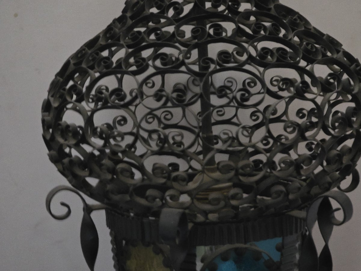 Antique Venetian Lantern In Moorish Style, Made Of Iron And Stained Glass-photo-4