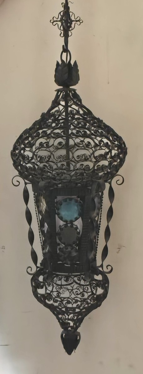 Antique Venetian Lantern In Moorish Style, Made Of Iron And Stained Glass