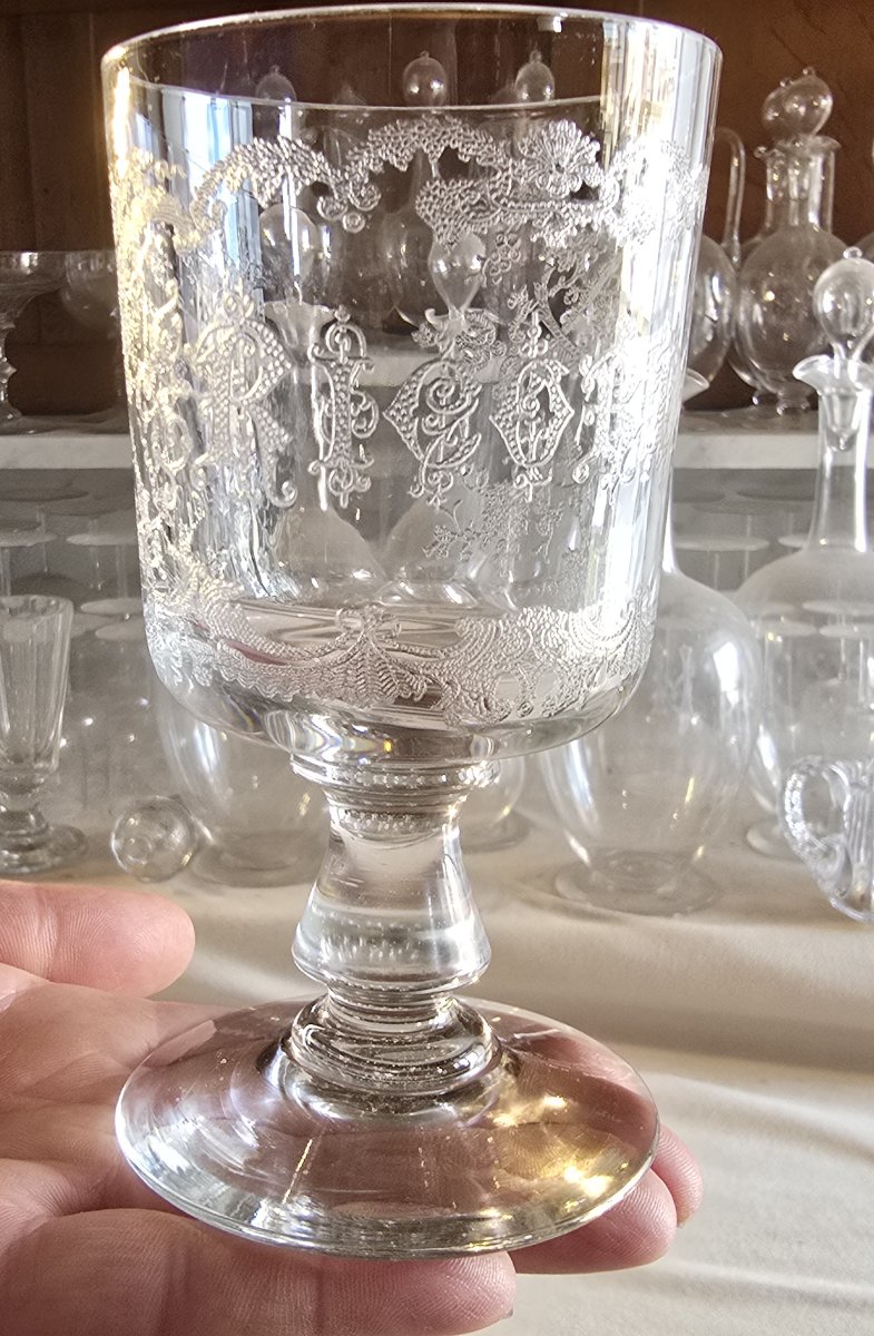 Pair Of Antique Acid-etched Glass Goblets, -photo-2