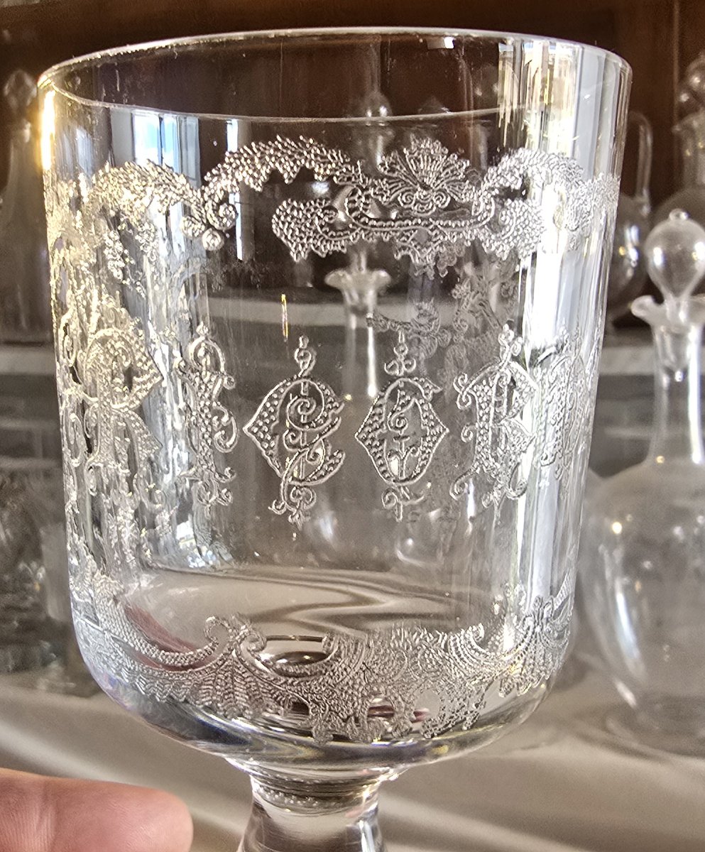 Pair Of Antique Acid-etched Glass Goblets, -photo-3