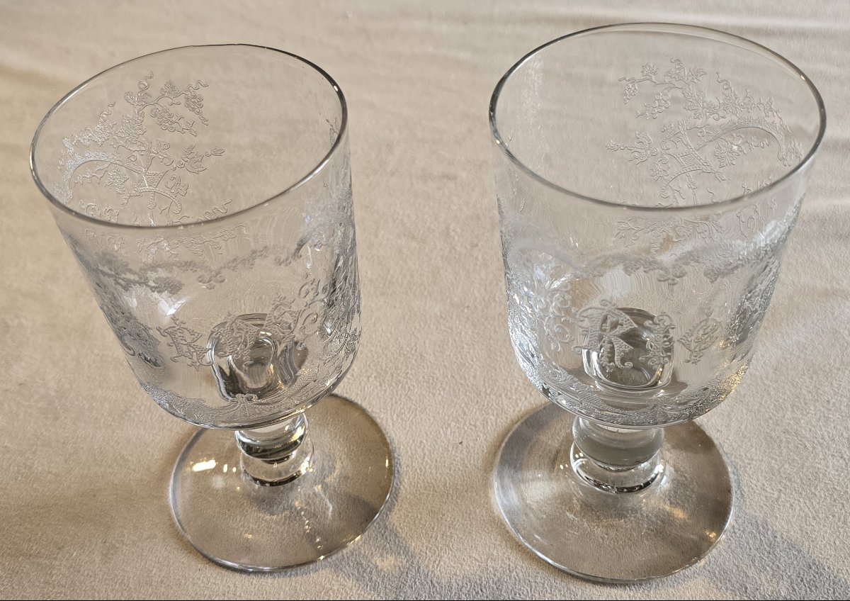 Pair Of Antique Acid-etched Glass Goblets, -photo-2