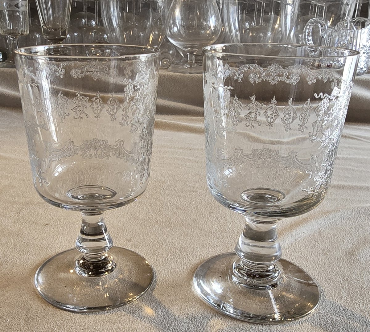 Pair Of Antique Acid-etched Glass Goblets, -photo-3