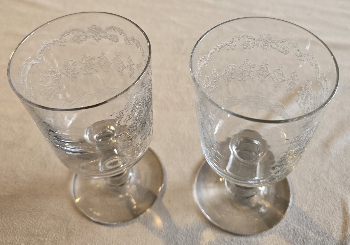 Pair Of Antique Acid-etched Glass Goblets, -photo-4
