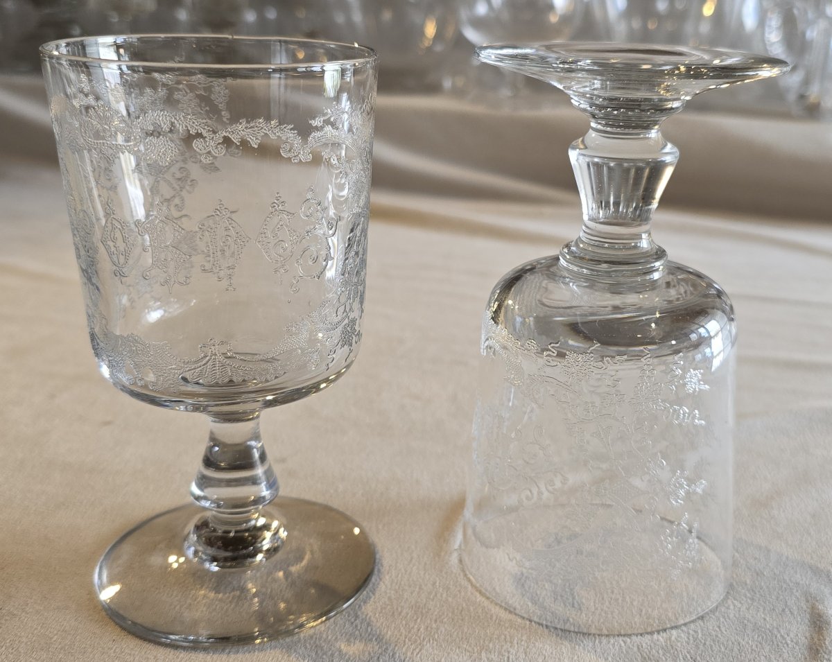 Pair Of Antique Acid-etched Glass Goblets, -photo-5