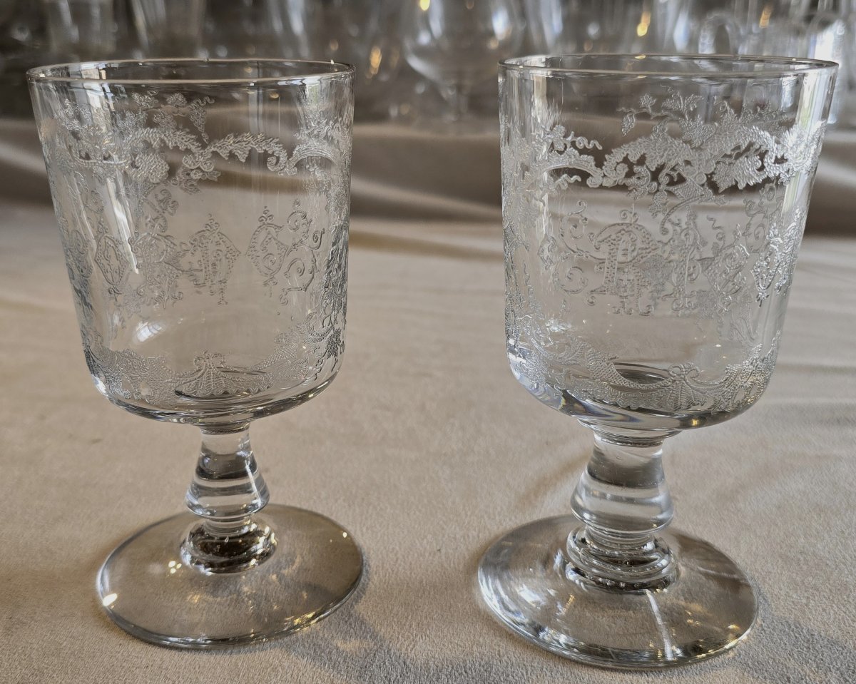 Pair Of Antique Acid-etched Glass Goblets, 