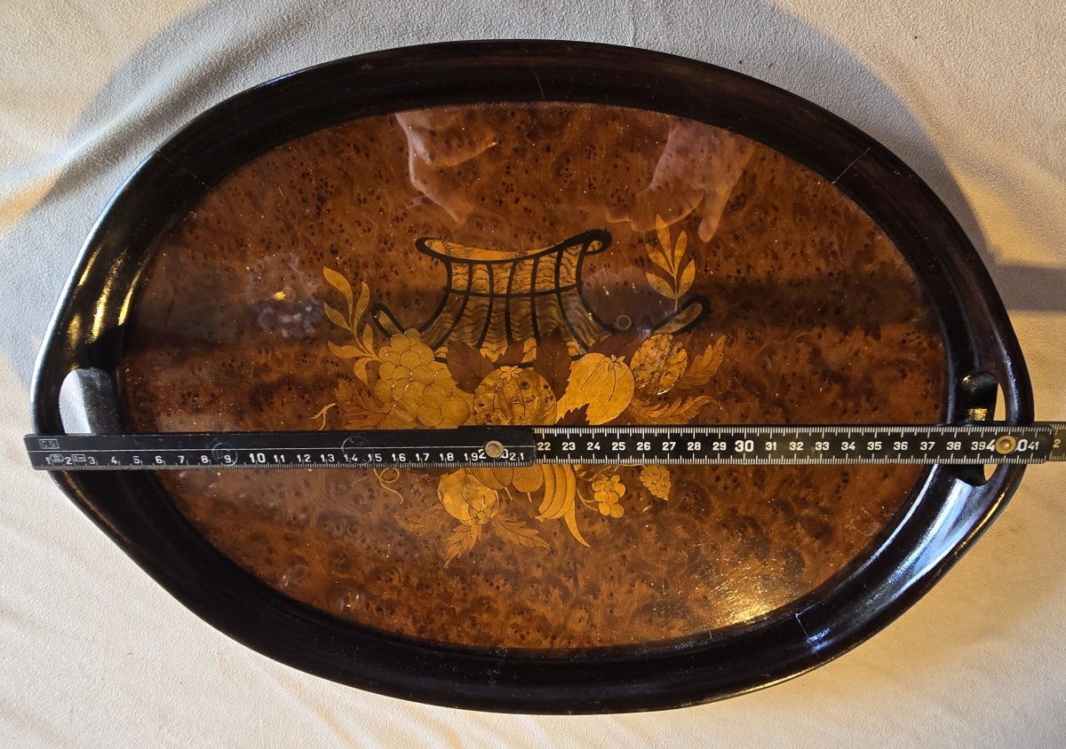 Antique Oval Inlaid Wood Tray, Italy, 1950s-photo-4