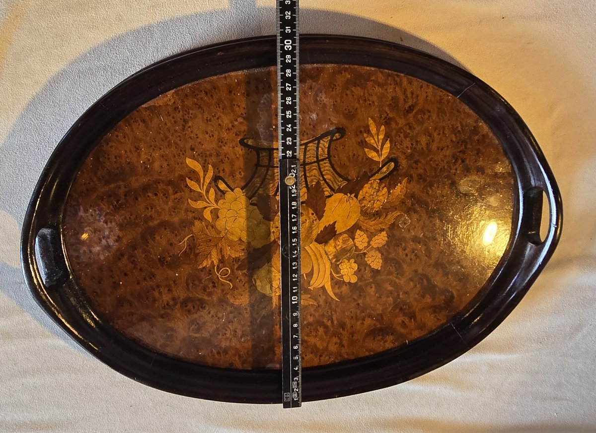 Antique Oval Inlaid Wood Tray, Italy, 1950s-photo-1