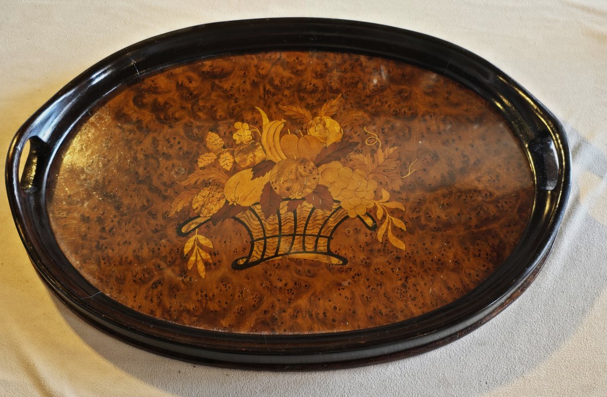 Antique Oval Inlaid Wood Tray, Italy, 1950s