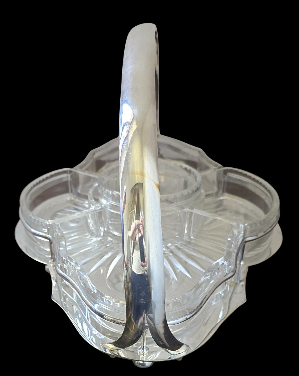 Antique Appetizer Dish In Silver-plated Metal And Crystal, Italy, Circa 1920-photo-3