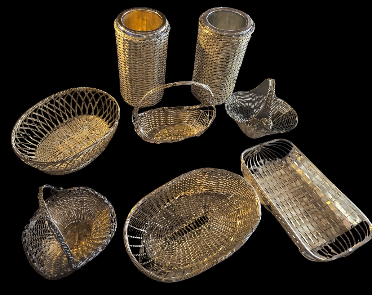 Lot Of 8 Antique Silver-plated Woven Metal Objects-photo-2