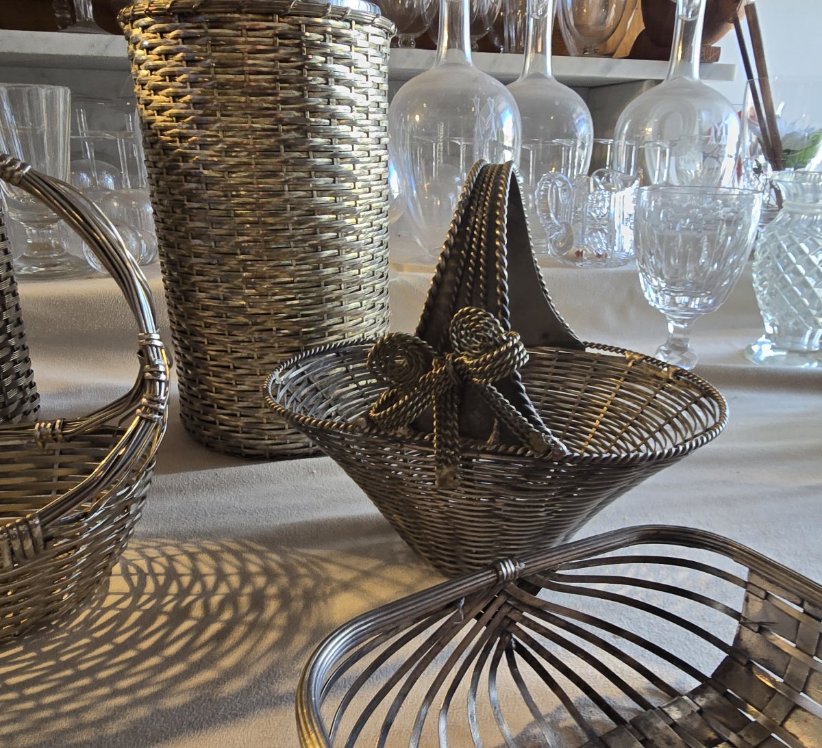 Lot Of 8 Antique Silver-plated Woven Metal Objects-photo-1