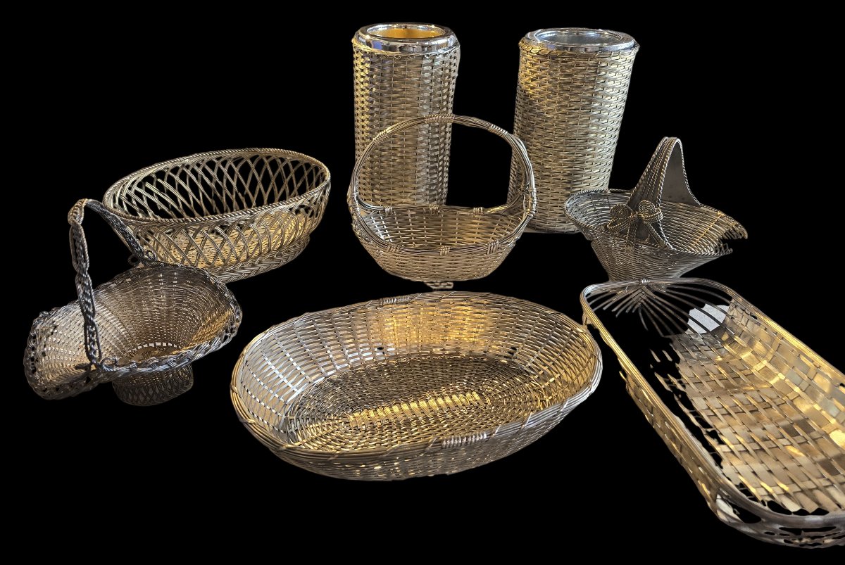 Lot Of 8 Antique Silver-plated Woven Metal Objects