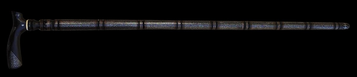 Antique Wooden Walking Stick With Metal Inlays – Maghreb, First Half Of The 20th Century