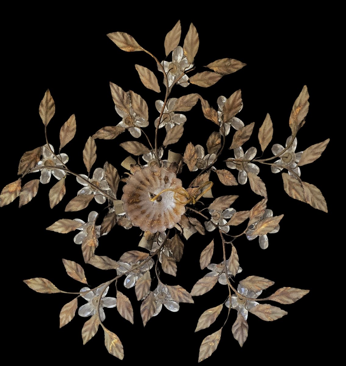 Ancien plafonnier Banci Florence feuilles fer doré fleurs de cristal seconde moitié XXᵉ siècle-photo-2