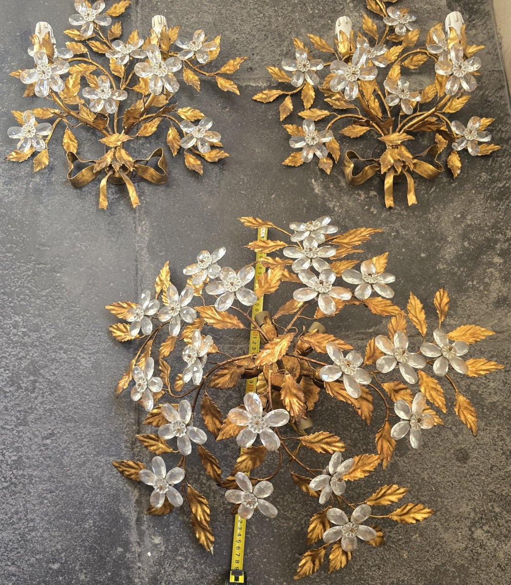 Ancien plafonnier Banci Florence feuilles fer doré fleurs de cristal seconde moitié XXᵉ siècle-photo-3