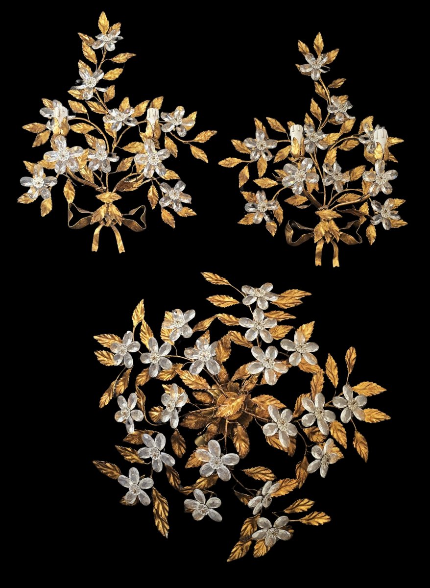 Ancien plafonnier Banci Florence feuilles fer doré fleurs de cristal seconde moitié XXᵉ siècle-photo-2