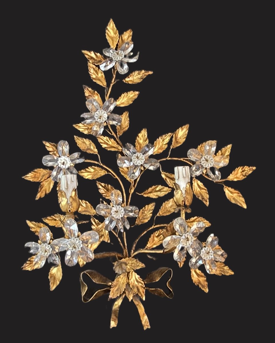 Paire d’appliques  fer doré et fleurs en cristal Banci, Florence, seconde moitié du XXᵉ siècle-photo-2