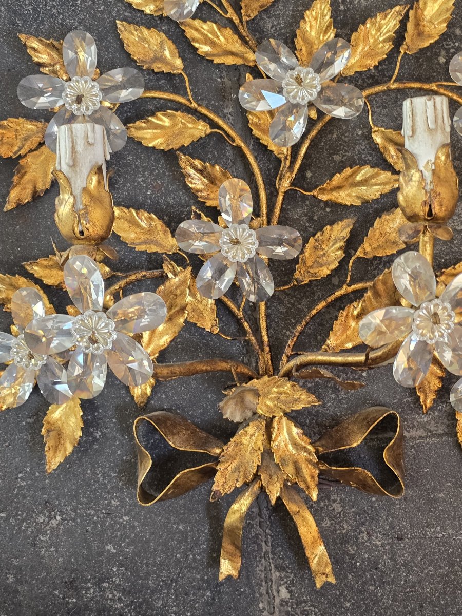 Paire d’appliques  fer doré et fleurs en cristal Banci, Florence, seconde moitié du XXᵉ siècle-photo-3