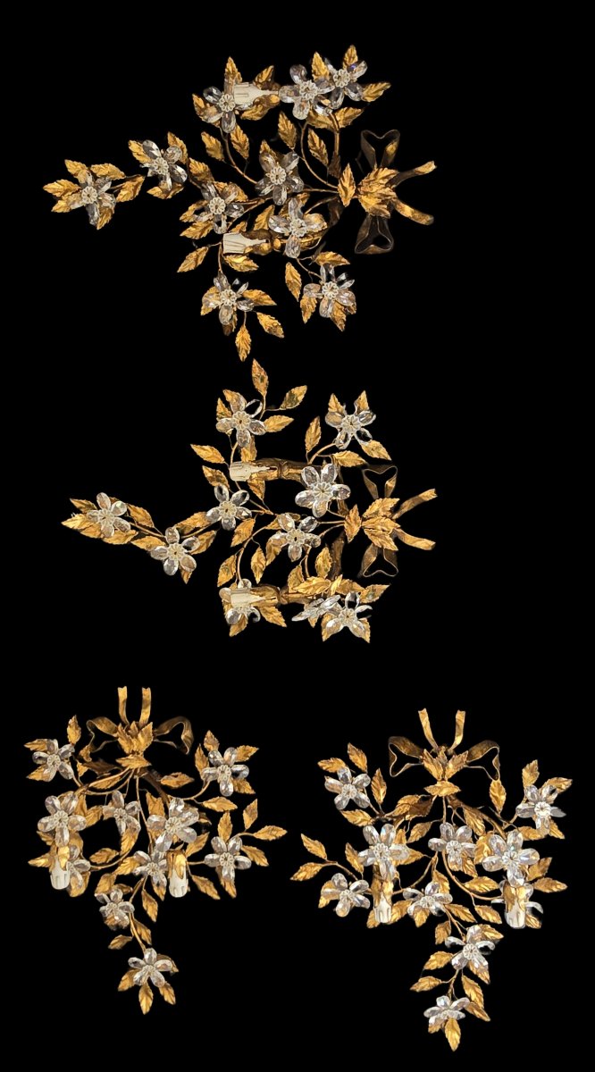 Paire d’appliques  fer doré et fleurs en cristal Banci, Florence, seconde moitié du XXᵉ siècle-photo-4
