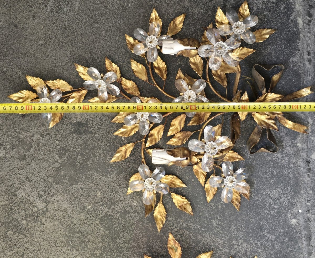 Paire d’appliques  fer doré et fleurs en cristal Banci, Florence, seconde moitié du XXᵉ siècle-photo-1
