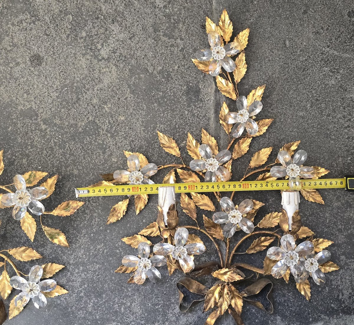 Paire d’appliques  fer doré et fleurs en cristal Banci, Florence, seconde moitié du XXᵉ siècle-photo-2