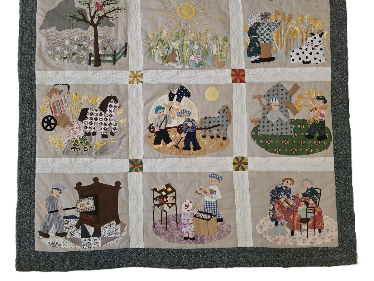 Antique Narrative Patchwork “le Pain Quotidien” – Hand‑executed Embroidery, Appliqué And Quilt-photo-2