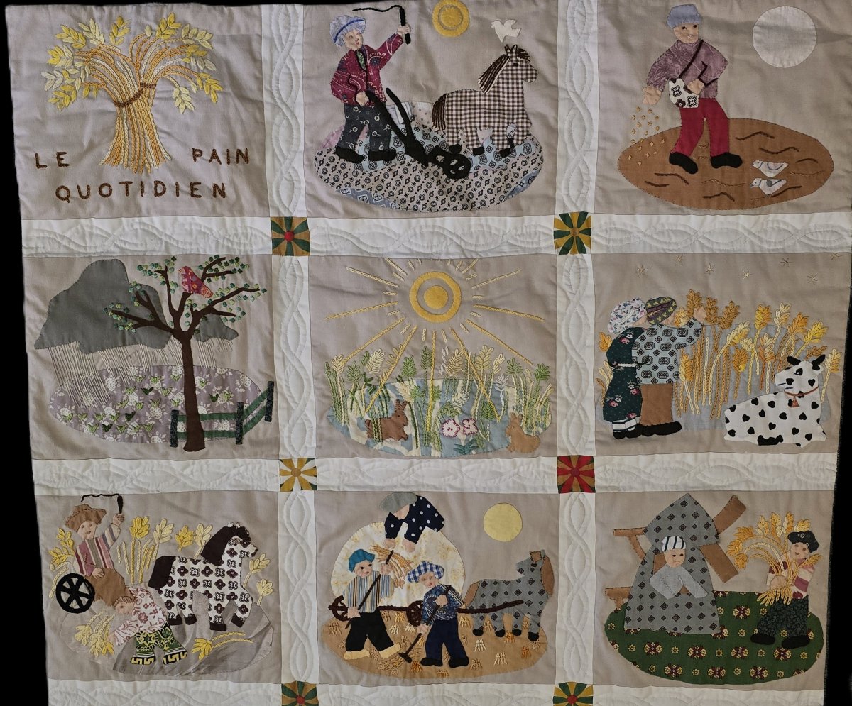 Antique Narrative Patchwork “le Pain Quotidien” – Hand‑executed Embroidery, Appliqué And Quilt-photo-4