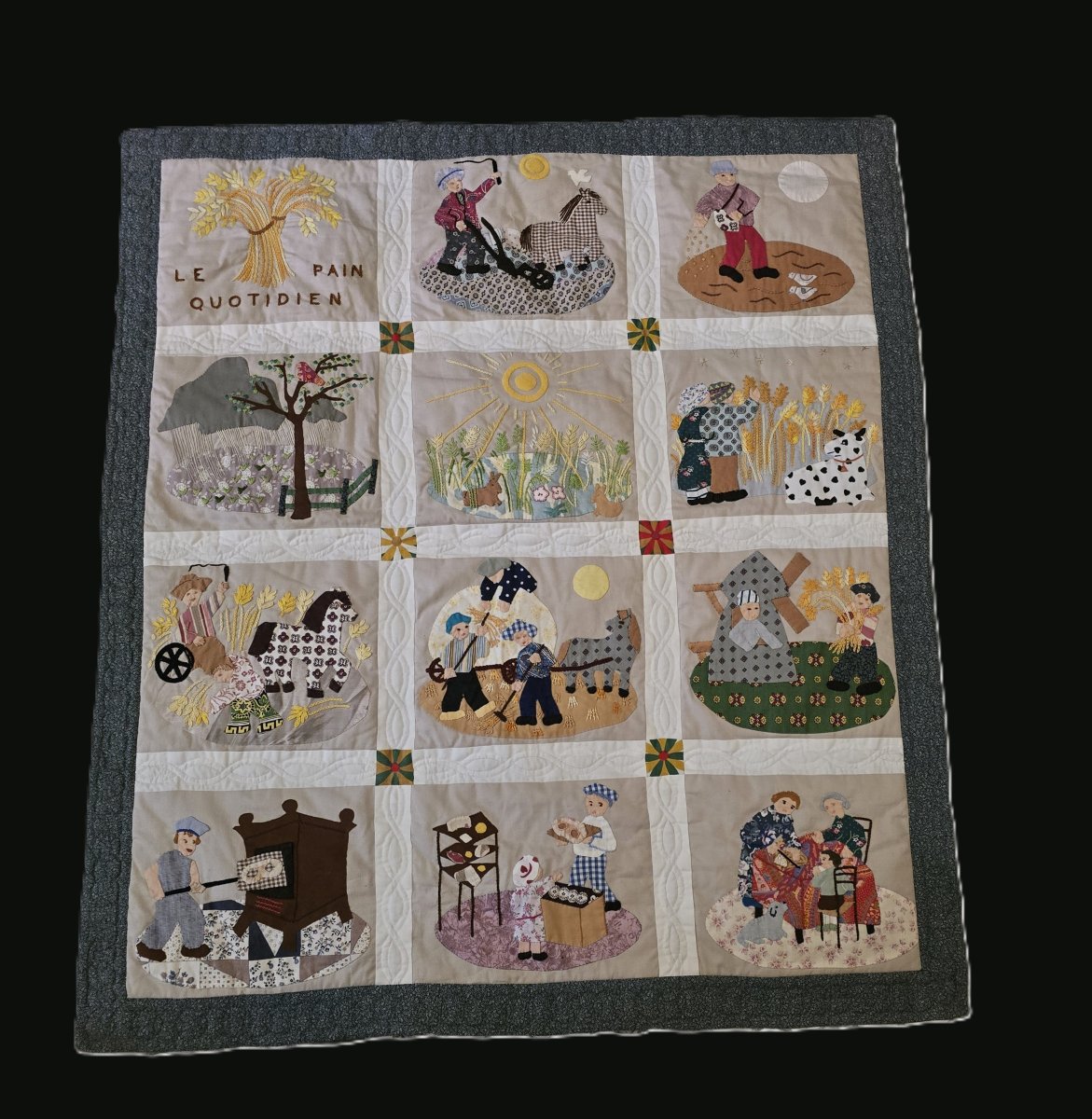 Antique Narrative Patchwork “le Pain Quotidien” – Hand‑executed Embroidery, Appliqué And Quilt