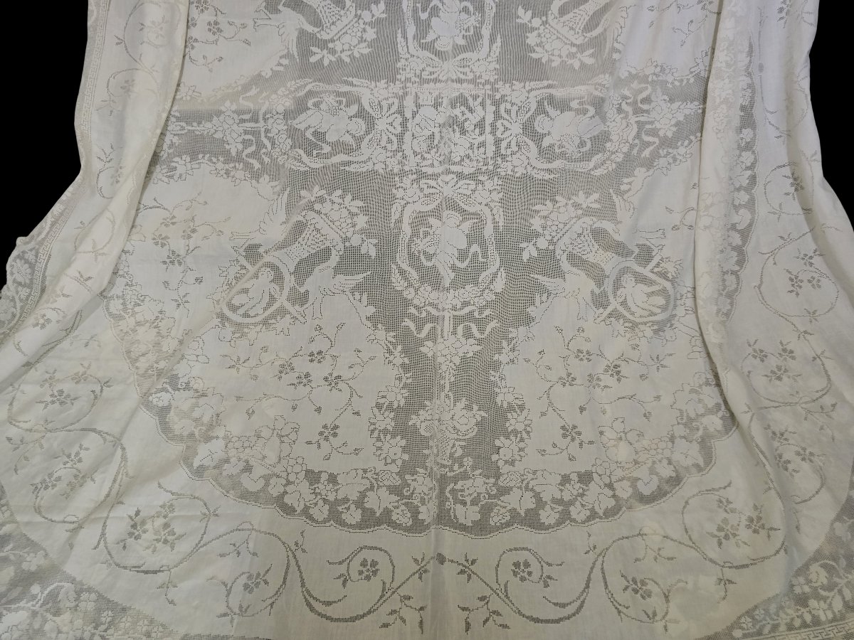 Ancien Couvre‑lit en lin brodé main , Italie, début XXᵉ siècle-photo-1