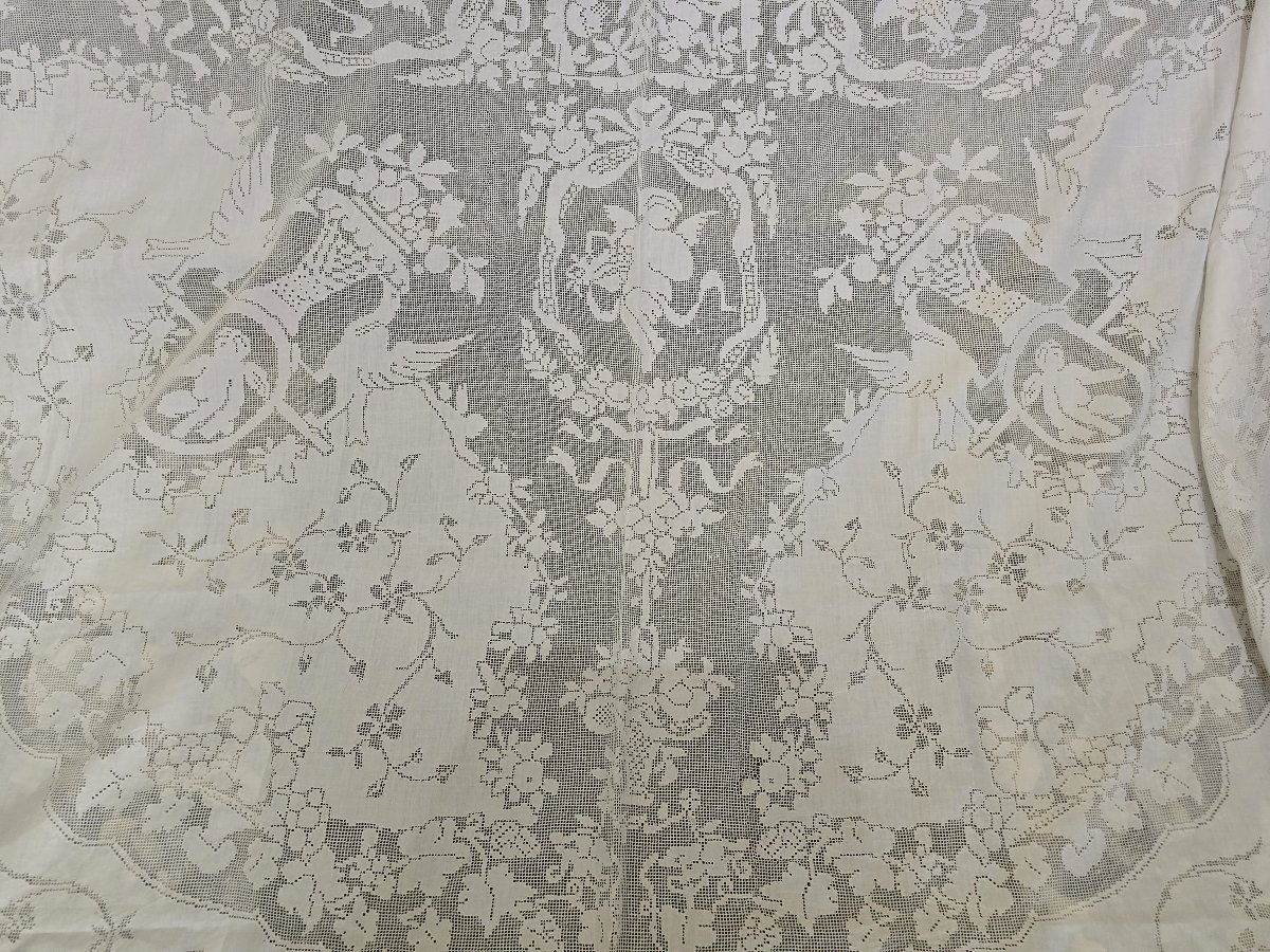 Ancien Couvre‑lit en lin brodé main , Italie, début XXᵉ siècle-photo-2