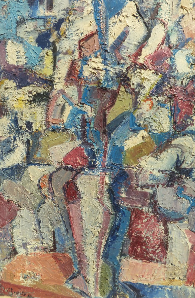 Tableau huile sur toile, bouquet de fleurs, Marcella Fratelli, 1962, encadré  cm 75 × 96,5 