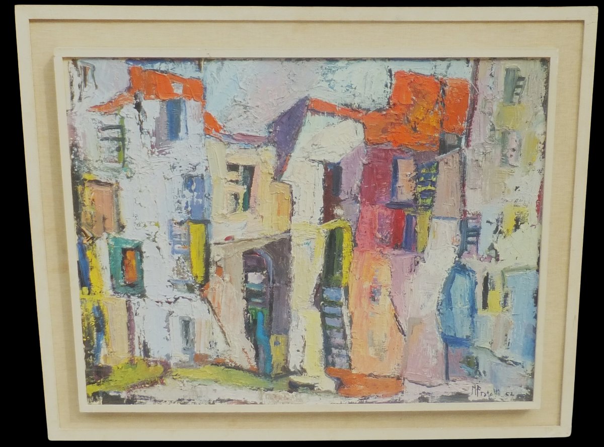Oil Painting, Abstract Landscape By Marcella Fratelli, 1962, Framed, 95 X 75.5 Cm