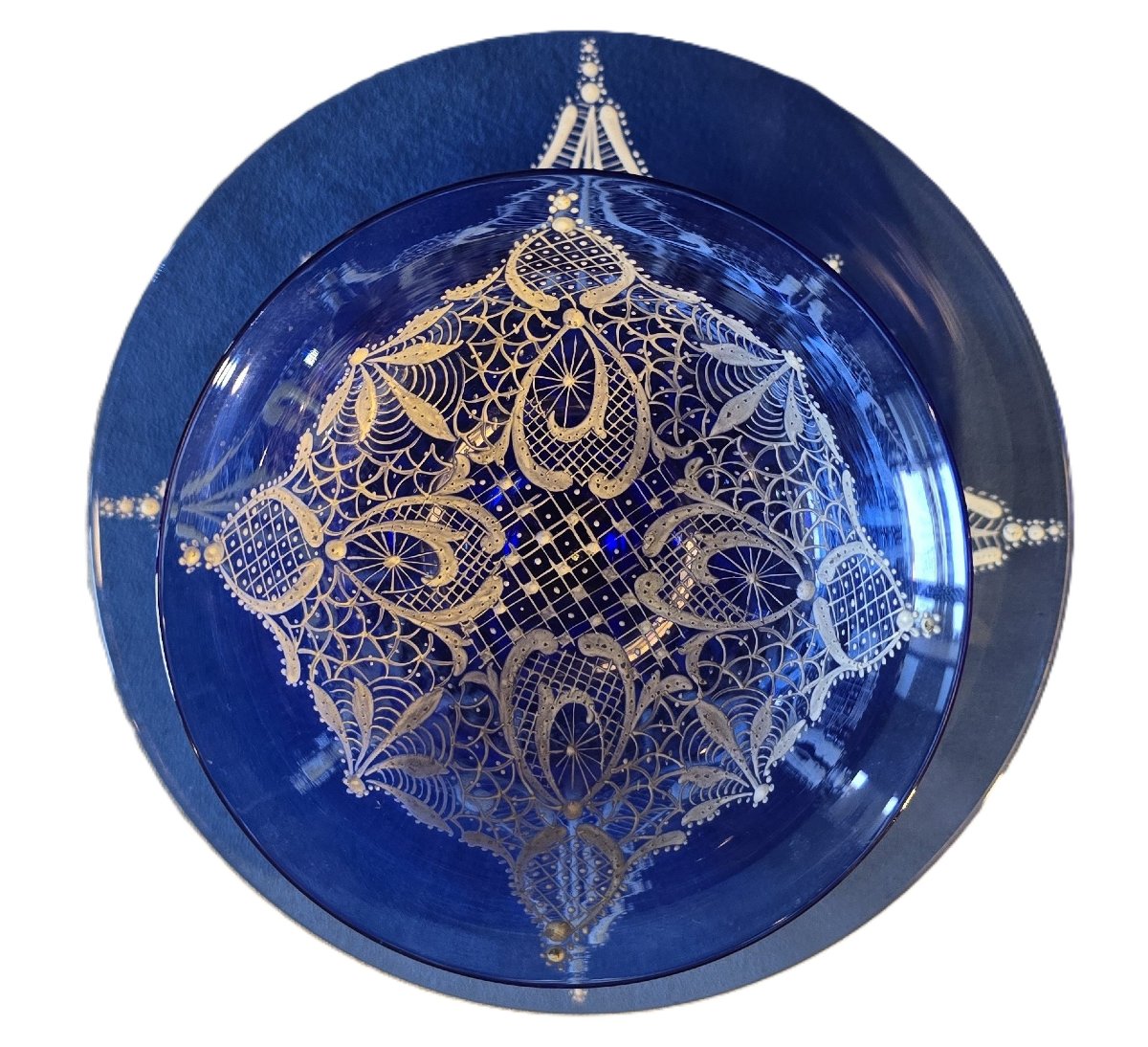 Ensemble calice et soucoupe anciens en verre bleu cobalt soufflé et émaillé-photo-1
