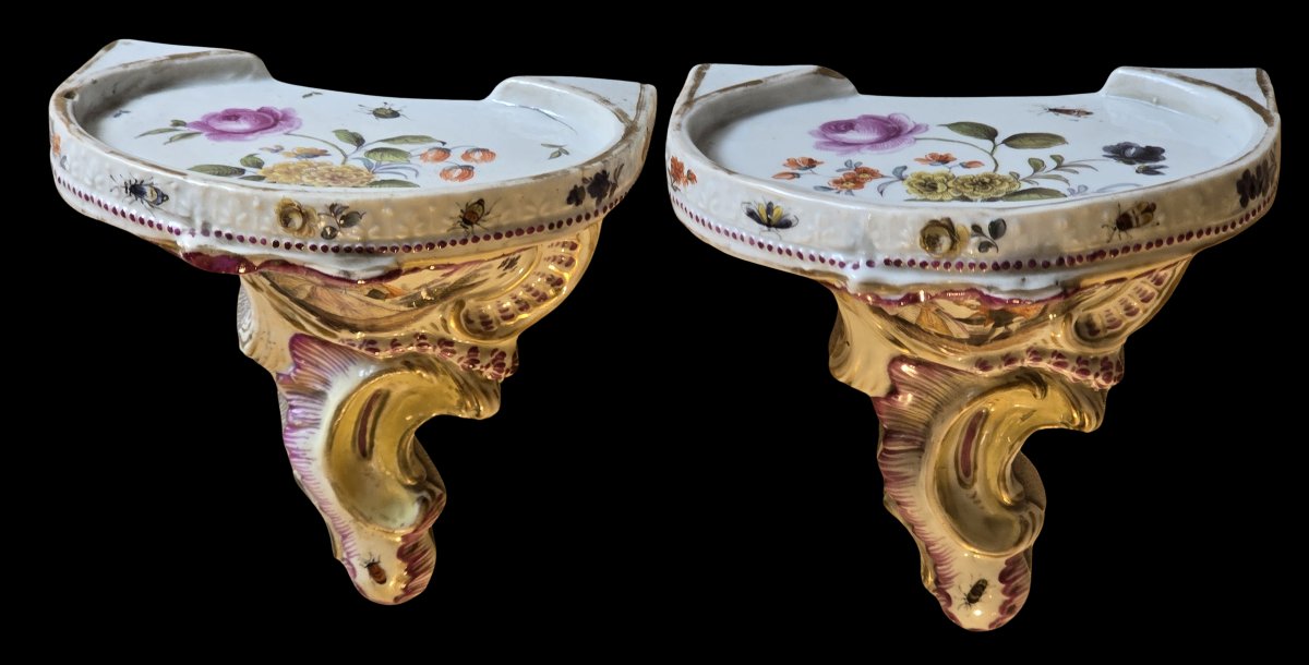 Pair Of Small Antique Wall Consoles In Porcelain-photo-2
