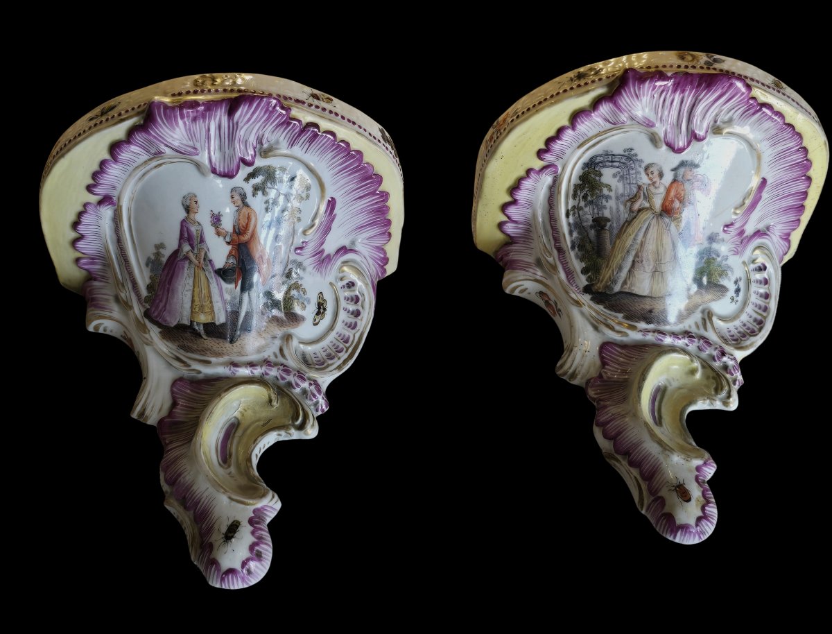 Pair Of Small Antique Wall Consoles In Porcelain