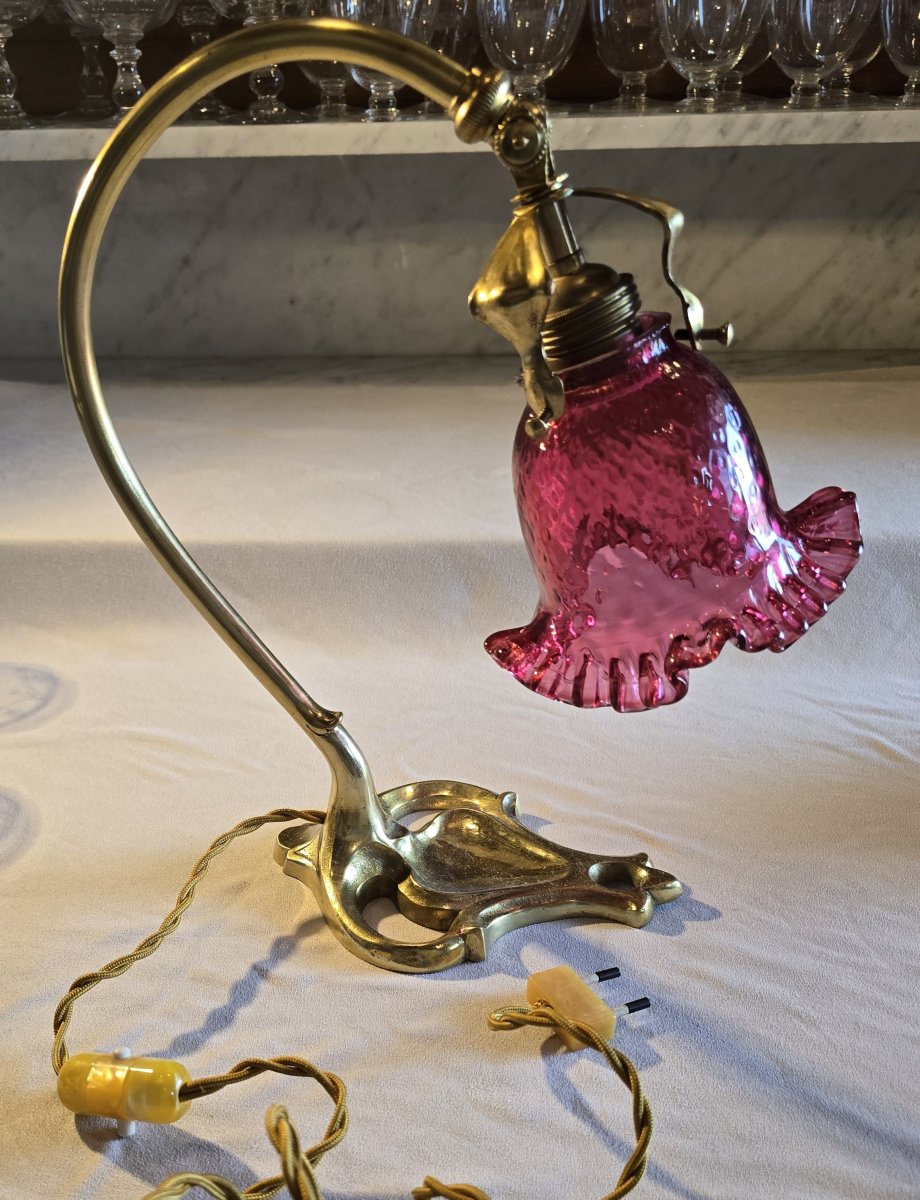 Liberty-style Brass Table Lamp With A Raspberry-colored Glass Shade-photo-3