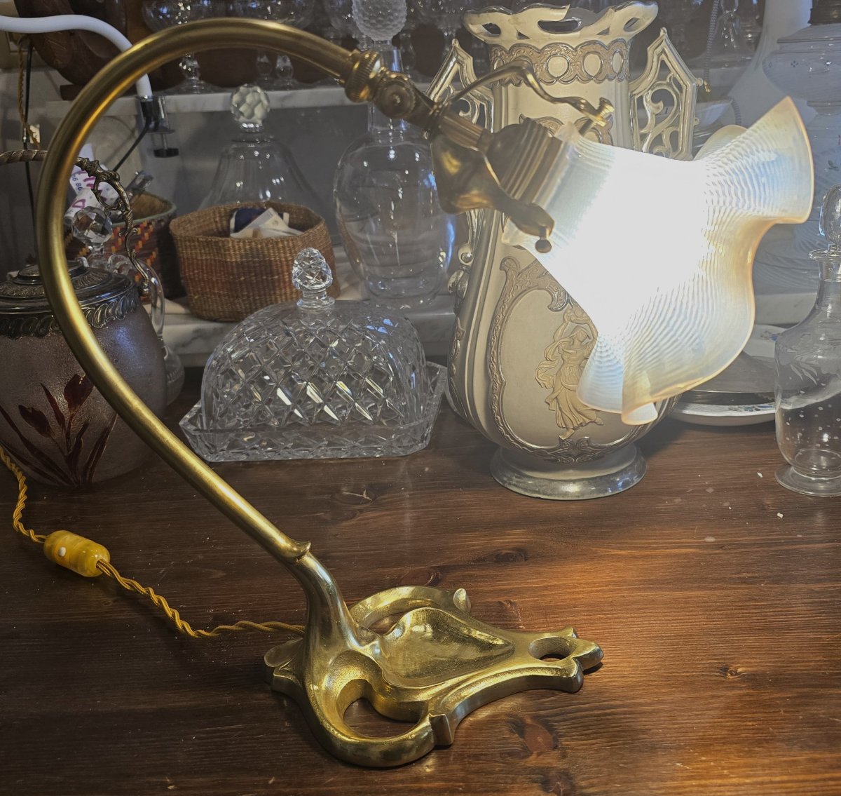 Art Nouveau Table Lamp With A Brass Arm And An Opaline Glass Shade-photo-4